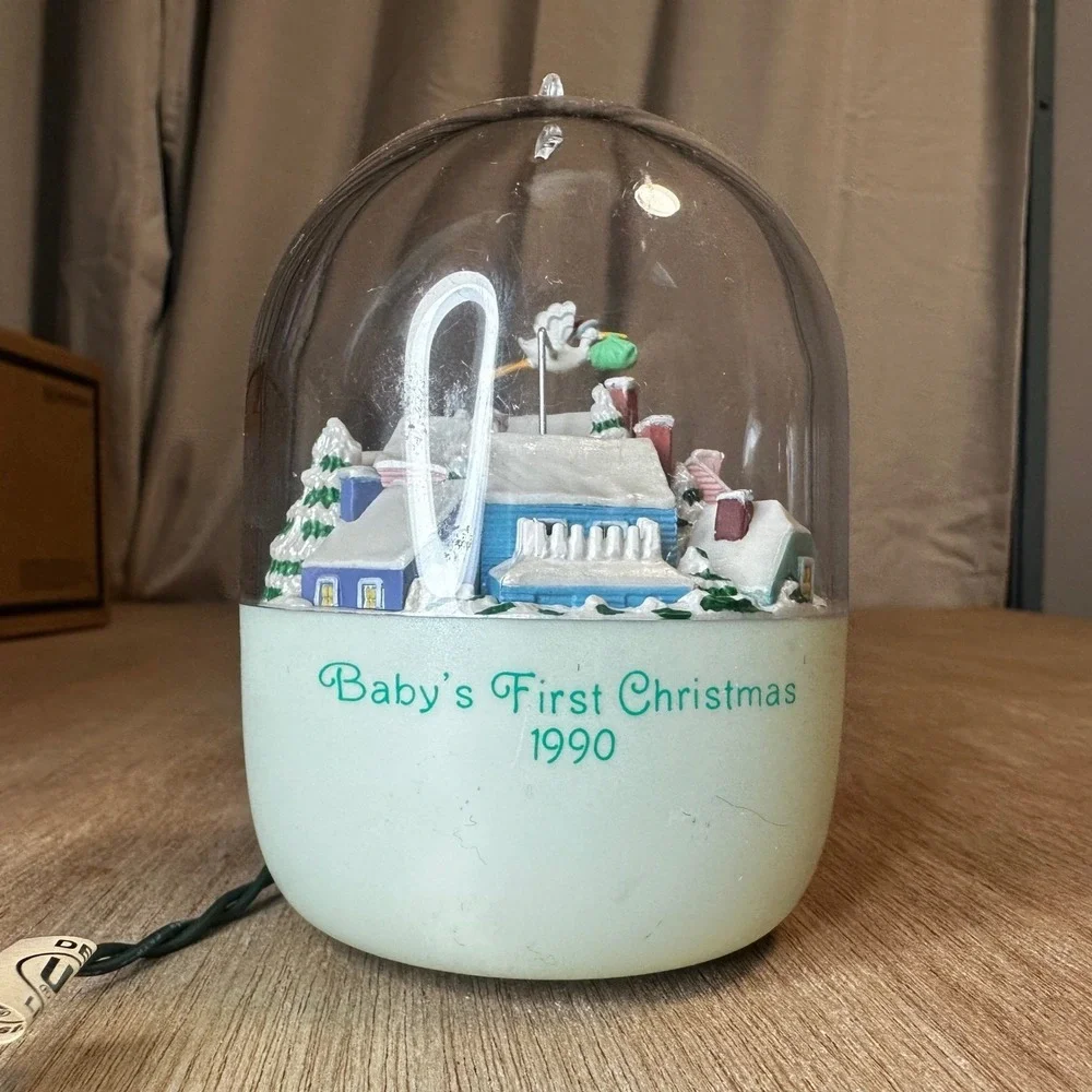 Babys First Christmas 1990 Ornament Snow Globe Village Stork Delivery Light Up